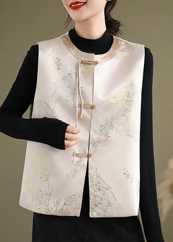 Belted women's cashmere coats in soft pastels for a luxurious feelNew Pink Print Chinese Button Silk Waistcoat Sleeveless