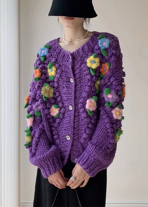Mid - length women's down coats in a slim fit for a modern and sleek appearanceNew Purple Button Floral Patchwork Knit Coat Winter