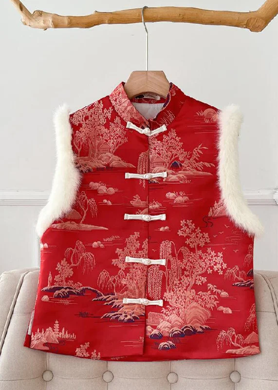 Long women's mac coats in a lightweight fabric for spring showersNew Red Fluffy Print Patchwork Thick Waistcoat Sleeveless