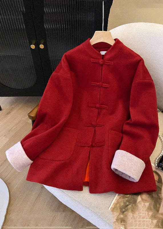 Women's long - sleeve wool coats in a houndstooth pattern for a classic charmNew Red Stand Collar Button Pockets Thick Woolen Coats Winter
