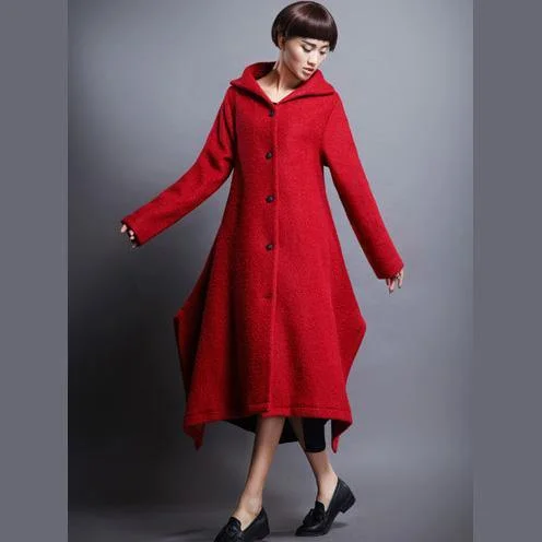 Women's pea coats with brass buttons for a nautical - inspired styleNew red wool coat for woman casual long stand collar patchwork coats
