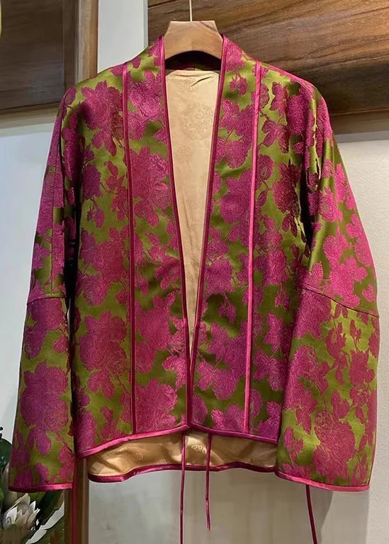 Long women's mac coats in a lightweight fabric for spring showersNew Rose V Neck Print Silk Coat Long Sleeve Long women's mac coats in a lightweight fabric for spring showersNew Rose V Neck Print Silk Coat Long Sleeve