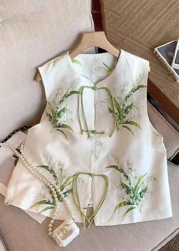 Women's longline double - breasted camel coats for a sophisticated lookNew White Embroidered Chinese Button Silk Waistcoat Sleeveless