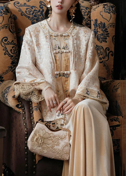 Women's longline double - breasted camel coats for a sophisticated lookNew Yellow Chinese Button Coat And Silk Velvet Skirts Two Pieces Set Fall