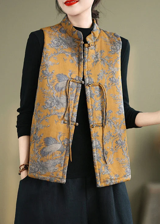 Oversized women's wool coats in a monochromatic look for a trendy outfitNew Yellow Print Chinese Button Cotton Filled Waistcoat Winter