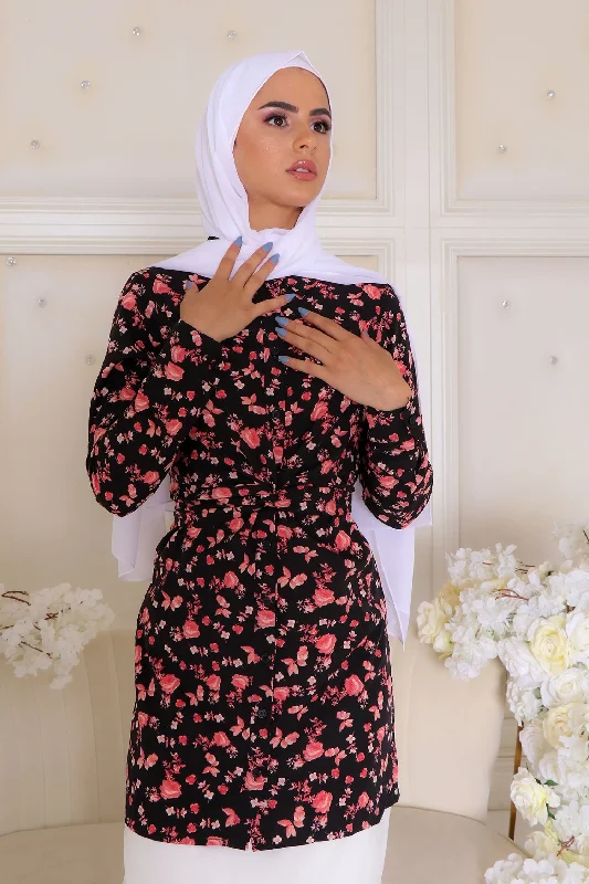 cashmere blend women cardigan for a luxurious feelNia Floral Wrap Top- Black & Pink