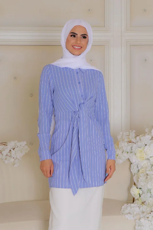 machine washable women cardigan for easy careNia striped Wrap Top- Blue Gray