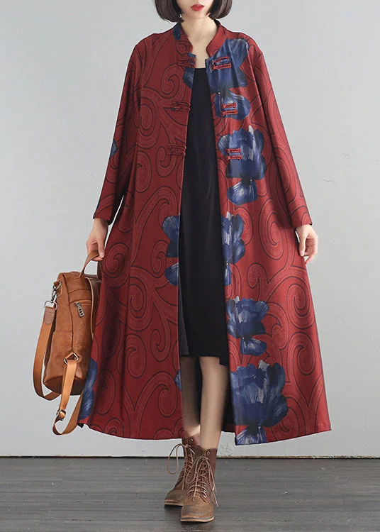 Long women's mac coats in a lightweight fabric for spring showersNovelty Red Stand Collar Print Button Silk Cotton Trench Coats Fall Long women's mac coats in a lightweight fabric for spring showersNovelty Red Stand Collar Print Button Silk Cotton Trench Coats Fall