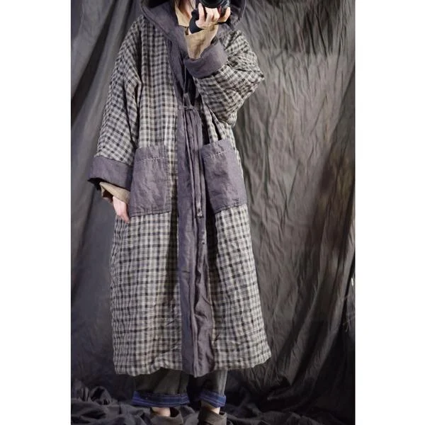 Women's knee - length wool blend coats with a fur collar for added warmthOmychic Linen Plaid Hooded Parkas Long Coat Female Padded Outerwear Women's knee - length wool blend coats with a fur collar for added warmthOmychic Linen Plaid Hooded Parkas Long Coat Female Padded Outerwear