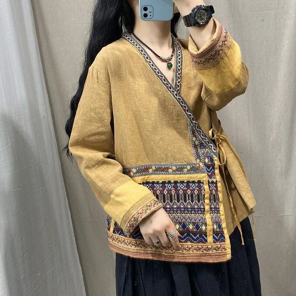 Women's long - sleeve wool coats in a houndstooth pattern for a classic charmOmychic Loose Embroidered Jackets Ladies Vintage V Neck Short Coat Outerwear Women's long - sleeve wool coats in a houndstooth pattern for a classic charmOmychic Loose Embroidered Jackets Ladies Vintage V Neck Short Coat Outerwear