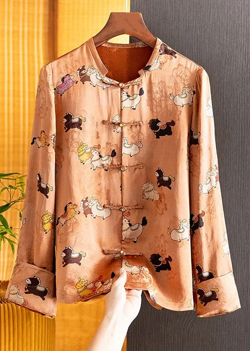 Oversized women's wool coats in a monochromatic look for a trendy outfitOrange Retro Jacquard Thin Jacket Casual Printed Fall Top Long Sleeve