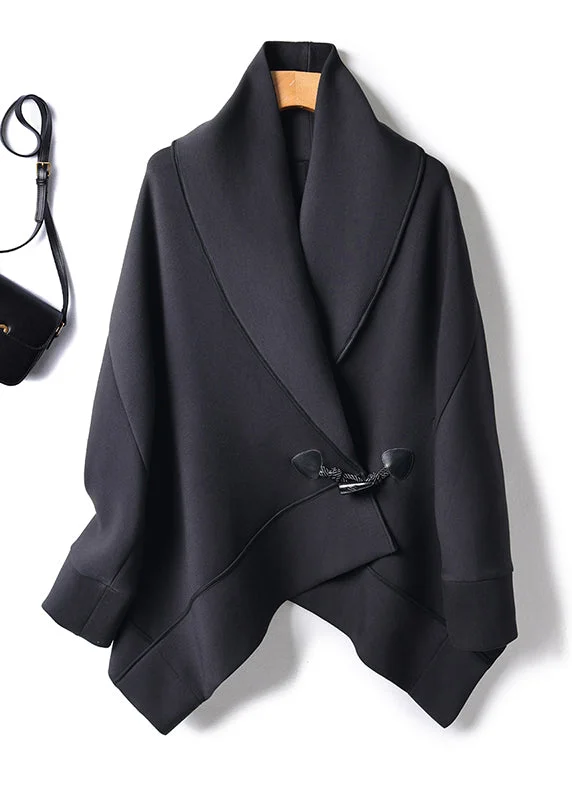 Belted women's cashmere coats in soft pastels for a luxurious feelOrganic Black Peter Pan Collar Button Cotton Coats Batwing Sleeve