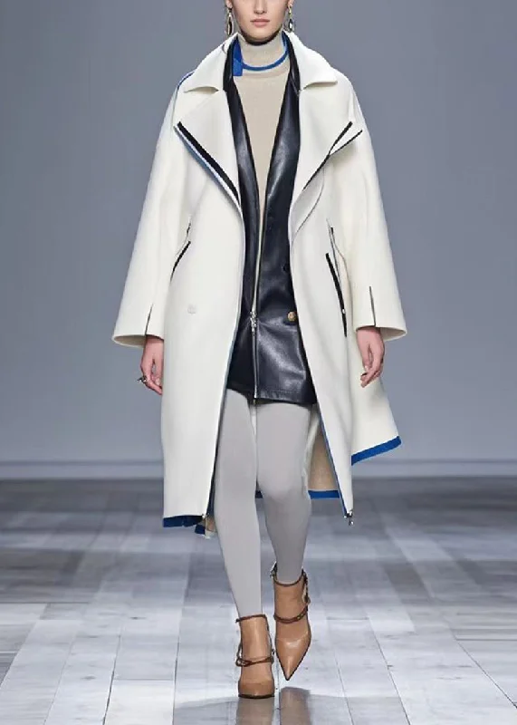 Women's faux fur coats in bright colors for a bold fashion statementOrganic White Peter Pan Collar Patchwork Woolen Coats Fall