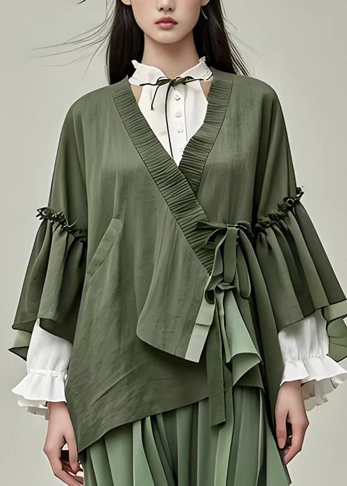 Mid - length women's down coats in a slim fit for a modern and sleek appearanceOriginal Army Green Ruffled Lace Up Patchwork Cotton Coat Batwing Sleeve Mid - length women's down coats in a slim fit for a modern and sleek appearanceOriginal Army Green Ruffled Lace Up Patchwork Cotton Coat Batwing Sleeve