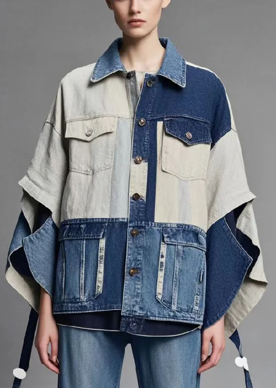 Mid - length women's down coats in a slim fit for a modern and sleek appearanceOriginal Design Asymmetrical Patchwork Denim Coats Fall