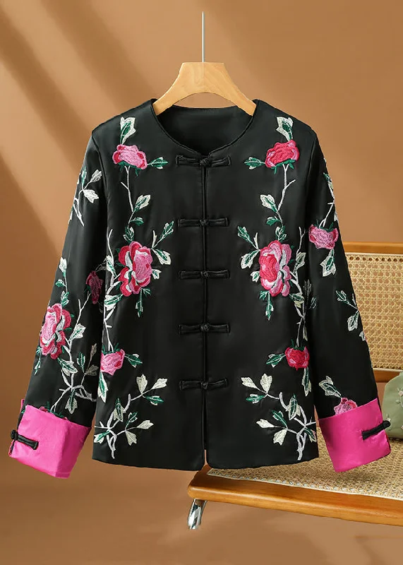 Quilted down women's coats with removable hoods for outdoor activitiesOriginal Design Black Embroidered Button Silk Coats Fall