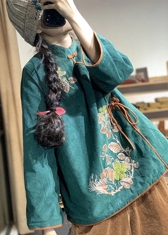 Women's pea coats with brass buttons for a nautical - inspired styleOriginal Design Green Embroidered Fine Cotton Filled Corduroy Coats Fall Women's pea coats with brass buttons for a nautical - inspired styleOriginal Design Green Embroidered Fine Cotton Filled Corduroy Coats Fall