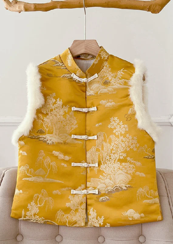 Women's cropped leather coats with silver studs for an edgy lookOriginal Yellow Button Fluffy Silk Sleeveless Waistcoat Stand Collar