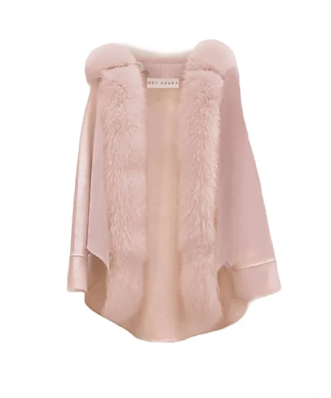Belted women's cashmere coats in soft pastels for a luxurious feelOversized Australian Wool Fox Fur Trim Poncho In Pink