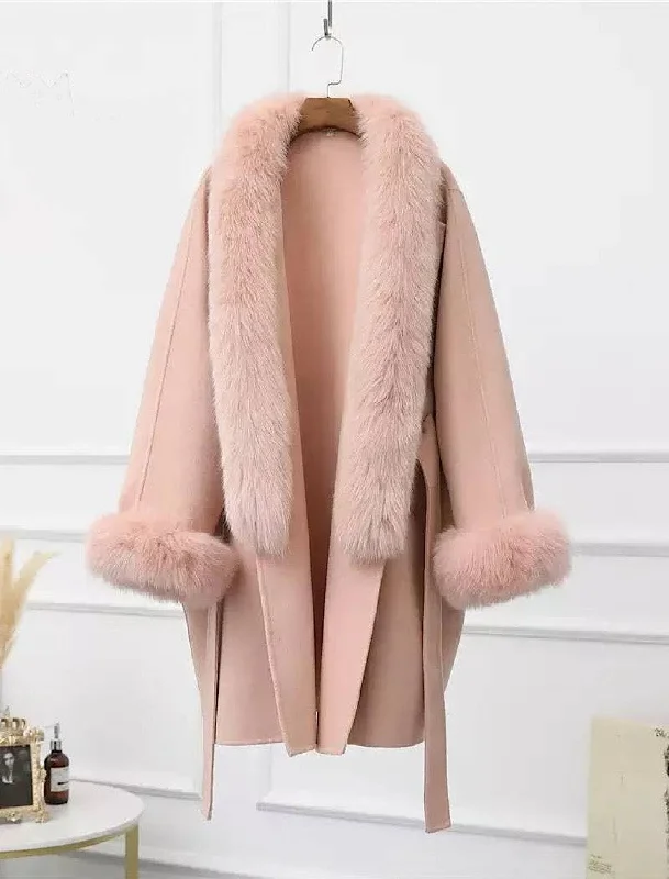 Women's reversible down coats with two - tone designs for versatile stylingCashmere Wool Removable Fox Fur Collar Belted Coat Women's reversible down coats with two - tone designs for versatile stylingCashmere Wool Removable Fox Fur Collar Belted Coat