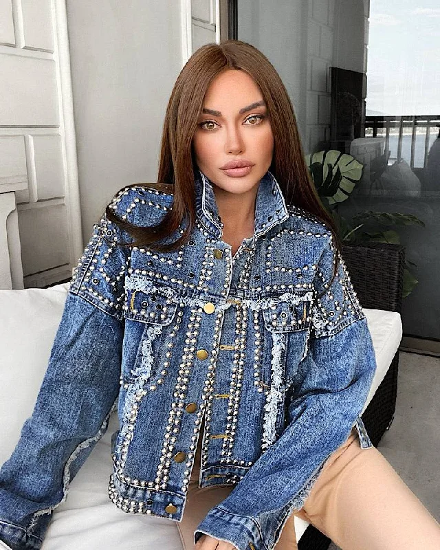Women's longline double - breasted camel coats for a sophisticated lookOversized Denim Jacket With Studs Women's longline double - breasted camel coats for a sophisticated lookOversized Denim Jacket With Studs