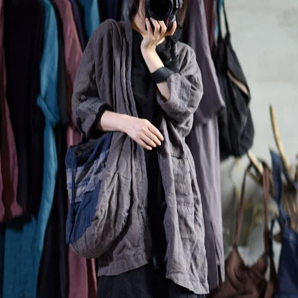 Women's reversible down coats with two - tone designs for versatile stylingPatchwork Cotton Linen Comfortable Long Sleeve Cardigan Coats Women's reversible down coats with two - tone designs for versatile stylingPatchwork Cotton Linen Comfortable Long Sleeve Cardigan Coats