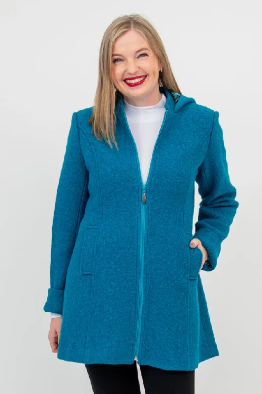 Embroidered women's cotton coats in a bohemian pattern for a unique designPender Coat, Teal, Boiled Wool Embroidered women's cotton coats in a bohemian pattern for a unique designPender Coat, Teal, Boiled Wool