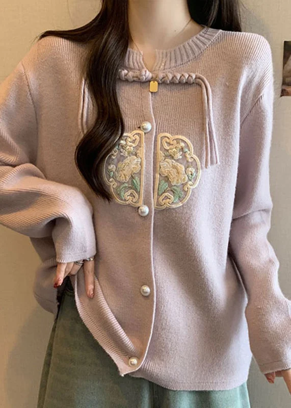 Hooded women's puffer coats in neon colors for high - visibility sportsPink Knit Coats Button Tassel Embroidered Fall