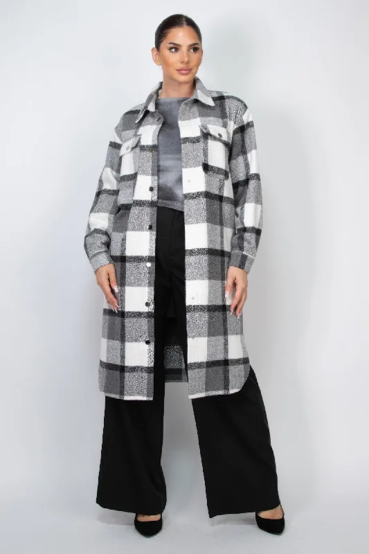 Water - resistant women's trench coats with adjustable cuffs for rainy daysPlaid Buttoned Shacket Coat Water - resistant women's trench coats with adjustable cuffs for rainy daysPlaid Buttoned Shacket Coat