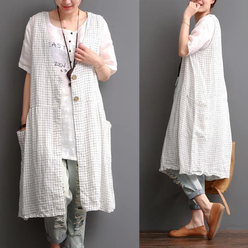 Women's cropped leather coats with silver studs for an edgy lookPlaid linen tank dress sleevelss summer linen vest cardigan coat