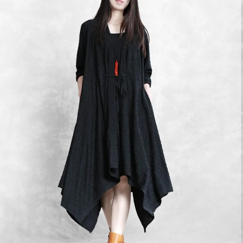 Oversized women's wool coats in a monochromatic look for a trendy outfitPullover black Jacquard oversized fall coat tie waist asymmetric coat