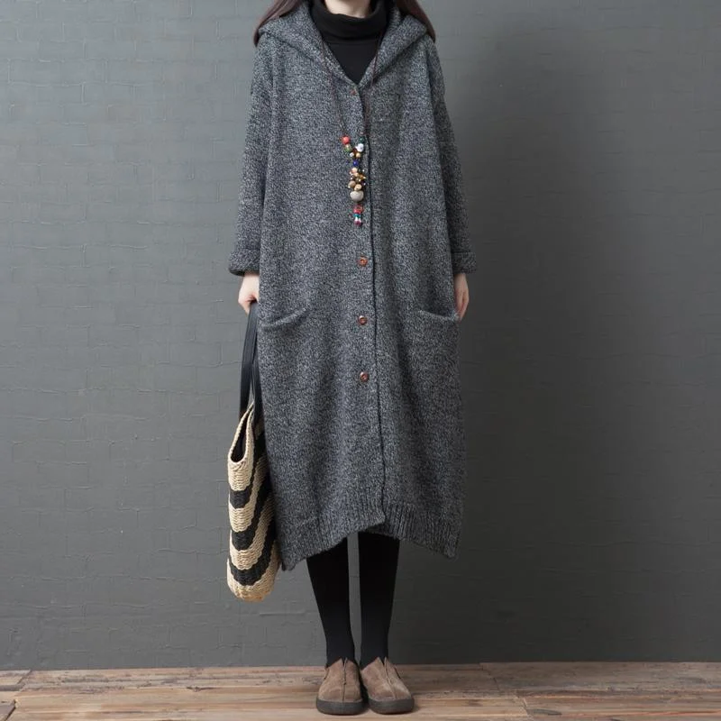 Long women's mac coats in a lightweight fabric for spring showersPullover winter knit outwear Loose fitting gray hooded Button knit jacket