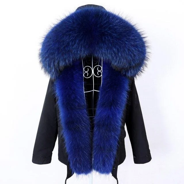 Plus size women's wool blend coats for a warm and stylish winterReal Racoon Fur Collared Full Sleeves Winter Hooded Jacket for Women