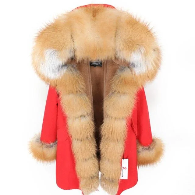 Hooded women's puffer coats in neon colors for high - visibility sportsRed Color Women's Fox Fur Leather Hooded Long Detachable Coats & Jackets