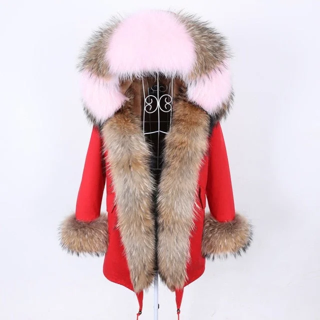 Oversized women's wool coats in a monochromatic look for a trendy outfitRed Color Women's Natural Real Fur Collared Coat Parka Jacket for Winter