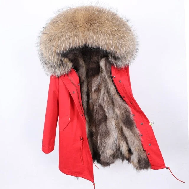 Water - resistant women's trench coats with adjustable cuffs for rainy daysRed Long Winter Jacket for Women with Contrast Natural Raccoon Fur Hood Water - resistant women's trench coats with adjustable cuffs for rainy daysRed Long Winter Jacket for Women with Contrast Natural Raccoon Fur Hood