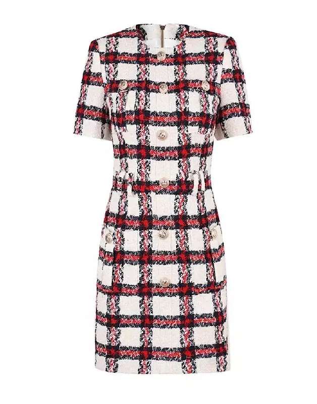 Mid - length women's down coats in a slim fit for a modern and sleek appearanceRed Plaid Tweed Knit Gold Button Dress Mid - length women's down coats in a slim fit for a modern and sleek appearanceRed Plaid Tweed Knit Gold Button Dress