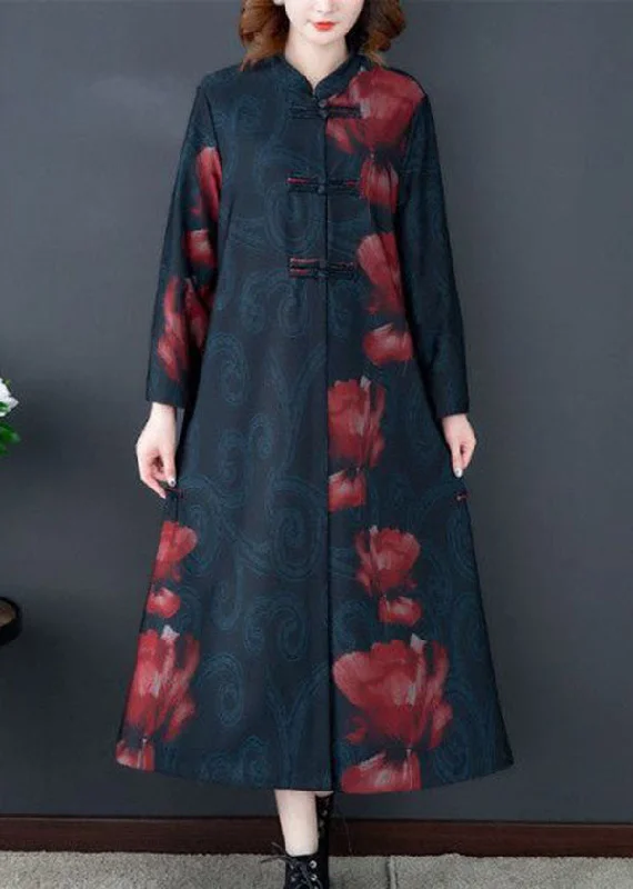 Women's reversible down coats with two - tone designs for versatile stylingRed Print Silk Long Trench Coats Stand Collar Oriental Button Long Sleeve Women's reversible down coats with two - tone designs for versatile stylingRed Print Silk Long Trench Coats Stand Collar Oriental Button Long Sleeve
