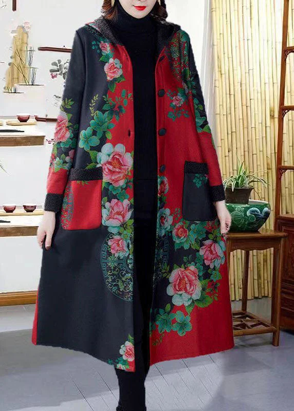 Mid - length women's down coats in a slim fit for a modern and sleek appearanceRed Print Thick Warm Fleece Loose Trench Coats Winter