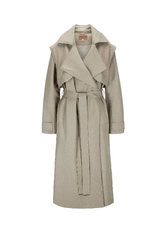Petite women's wool blend coats with a tailored fit for a flattering silhouetteRegndråpe Trench Coat - Taupe Pinstripe Petite women's wool blend coats with a tailored fit for a flattering silhouetteRegndråpe Trench Coat - Taupe Pinstripe