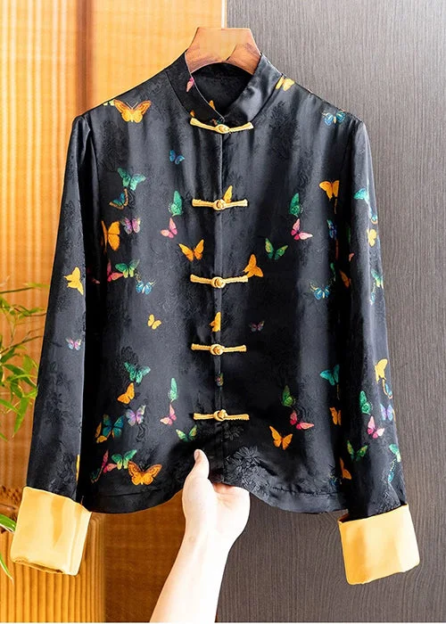 Embroidered women's cotton coats in a bohemian pattern for a unique designRetro Black Butterfly Jacquard Jacket Casual Chic Loose Top Fall