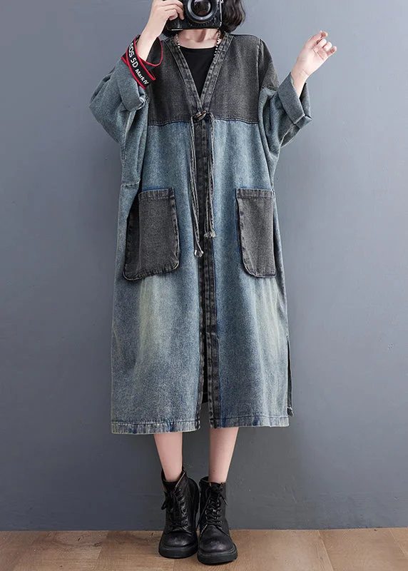 Shearling - lined women's leather coats for ultimate warmth and luxuryRetro Blue V Neck Pockets Patchwork Button Denim Long Trench Coats Fall