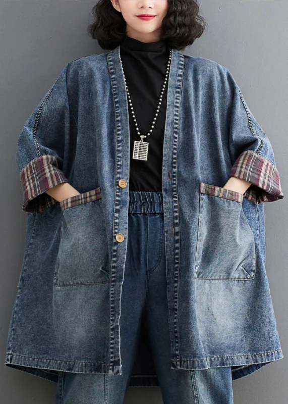 Women's longline double - breasted camel coats for a sophisticated lookRetro Blue V Neck Striped Patchwork Denim Trench Coat Long Sleeve Women's longline double - breasted camel coats for a sophisticated lookRetro Blue V Neck Striped Patchwork Denim Trench Coat Long Sleeve