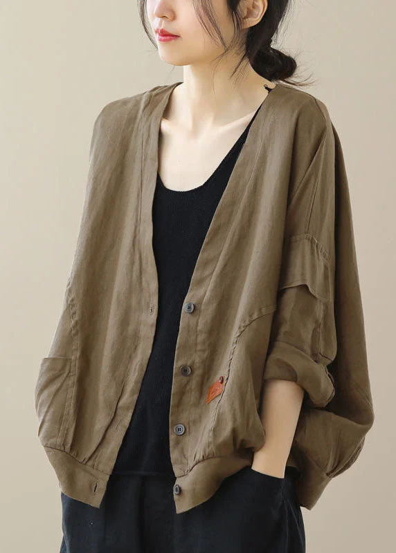Women's longline double - breasted camel coats for a sophisticated lookRetro Coffee V Neck Pockets Button Patchwork Linen Cardigan Coat Fall Women's longline double - breasted camel coats for a sophisticated lookRetro Coffee V Neck Pockets Button Patchwork Linen Cardigan Coat Fall