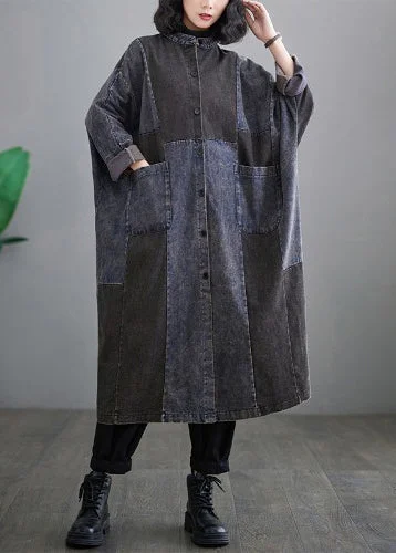 Women's pea coats with brass buttons for a nautical - inspired styleRetro Denim Blue Pockets Patchwork Button Long Trench Coats Long Sleeve Women's pea coats with brass buttons for a nautical - inspired styleRetro Denim Blue Pockets Patchwork Button Long Trench Coats Long Sleeve