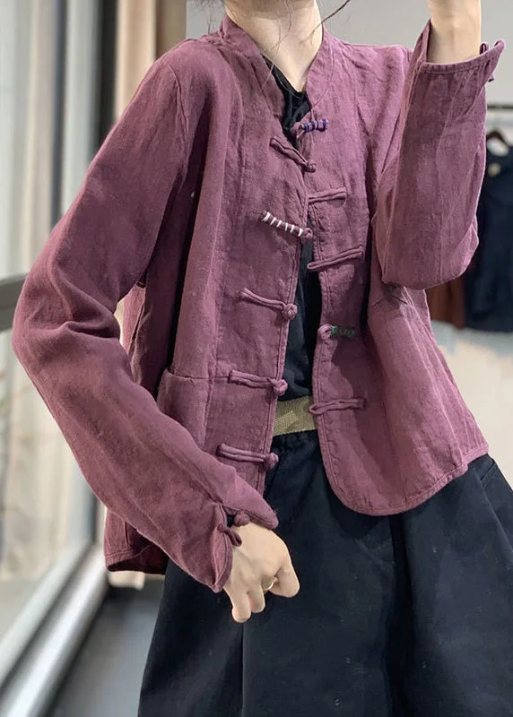 Women's waterproof parka coats with multiple pockets for practicalityRetro Purple Chinese Button Pockets Linen Coat Fall