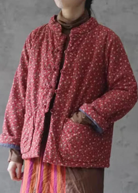 Long women's mac coats in a lightweight fabric for spring showersRetro Red Print Button Pockets Cotton Filled Coats Winter