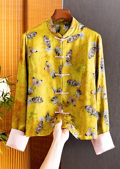 Women's waterproof parka coats with multiple pockets for practicalityRetro Yellow Butterfly Jacquard Jacket Casual Chic Loose Temperament Top