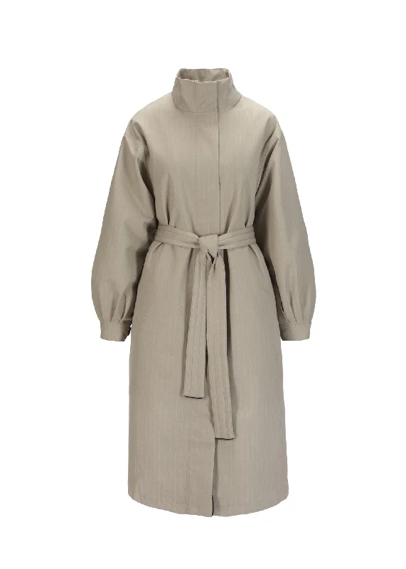 Water - resistant women's trench coats with adjustable cuffs for rainy daysRossby Maxi Coat - Taupe Pinstripe Water - resistant women's trench coats with adjustable cuffs for rainy daysRossby Maxi Coat - Taupe Pinstripe