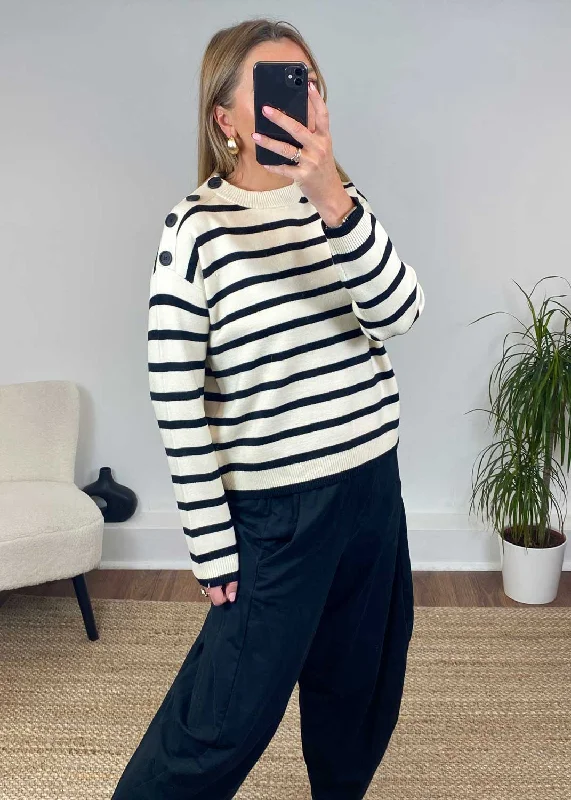 hand knitted women cardigan with artisanal charmSaba Stripe Button Jumper in Cream